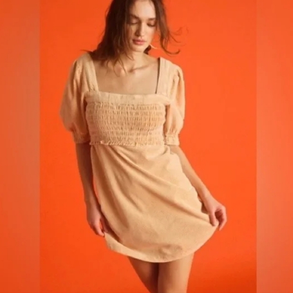 Free People Moon Flower Mini Dress Small Corduroy Puff Sleeve Smocked Bodice - Picture 3 of 11
